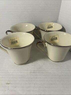 Lenox Solitaire Ivory Tea Cups with Silver Trim - Set of 4